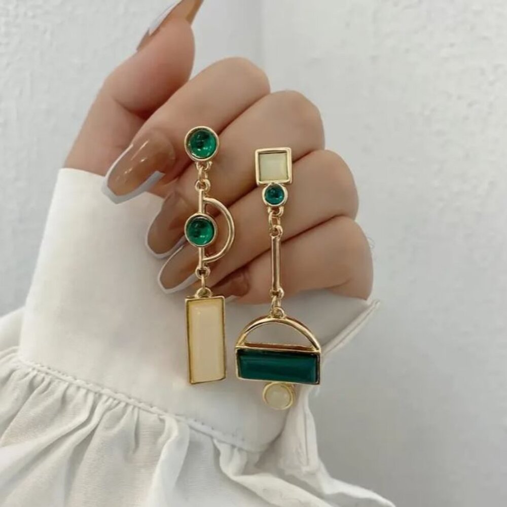 NEW Art Deco 18K Gold Plated Green & White Stone Geometric Asymmetrical Earrings